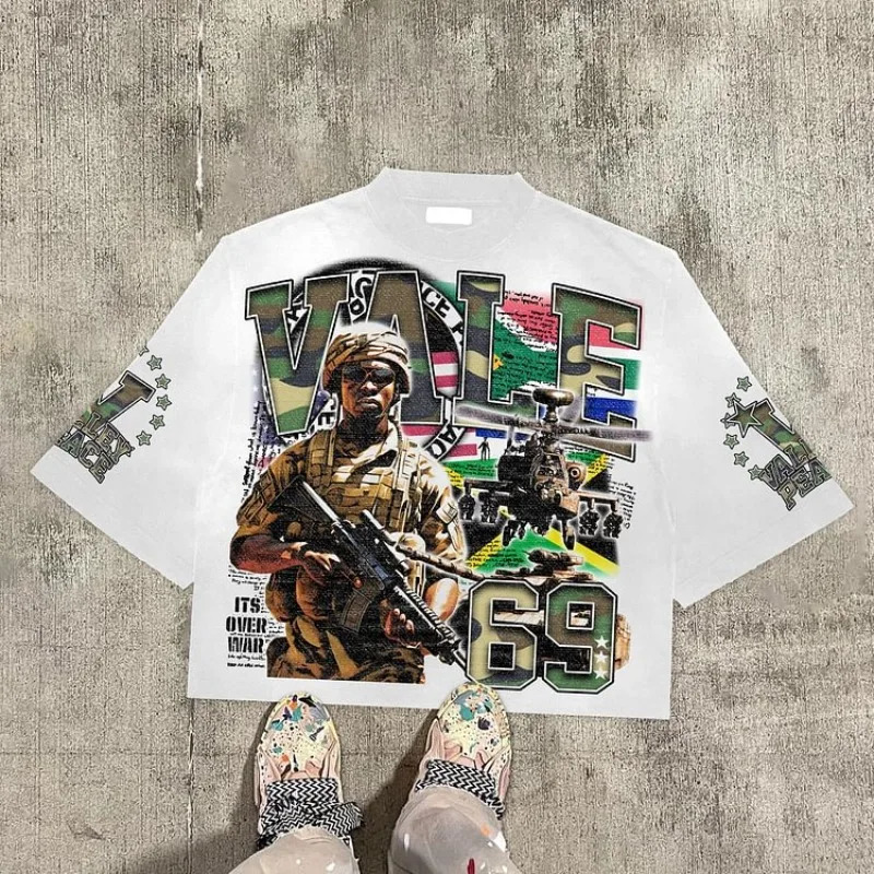 Vintage Warzone 69 Peace Graphic 100% Cotton T-Shirt Cropped Tees Men Y2K Summer Casual Oversize Tshirt Streetwear Women Tops 250311