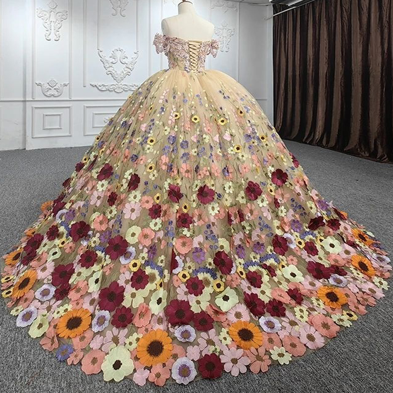 Champagne Princess Ball Gown Quinceanera Dresses Off the Shoulder Color Flower Pearl Tull Lace Up vestidos 15 anos Sweet 16 Dress