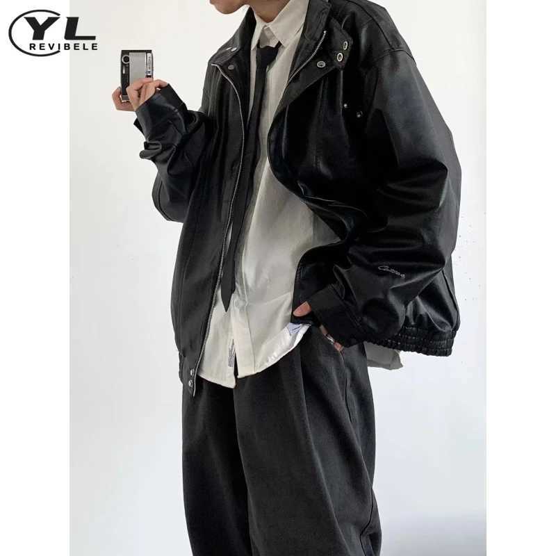 Street Stand Collar Pilot Jacket Men Vintage Pu Leather Motorcycle Jackets Loose Windbreak Coats Woman Oversized Bomber OutwearT250311