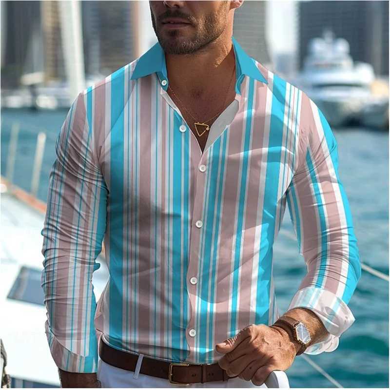2024 Fashionable Casual Mens Line Printed Shirt Formal Spring Summer Lapel Long Sleeve 25 Colors XS-6XL Stretch Fabric Shirt W250312