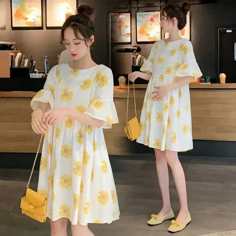 Maternity Clothes Summer Short Sleeve Loose-fit Dress Trendy Top For Petite Moms-to-be Belly-covering Trendy Mom DressT250311