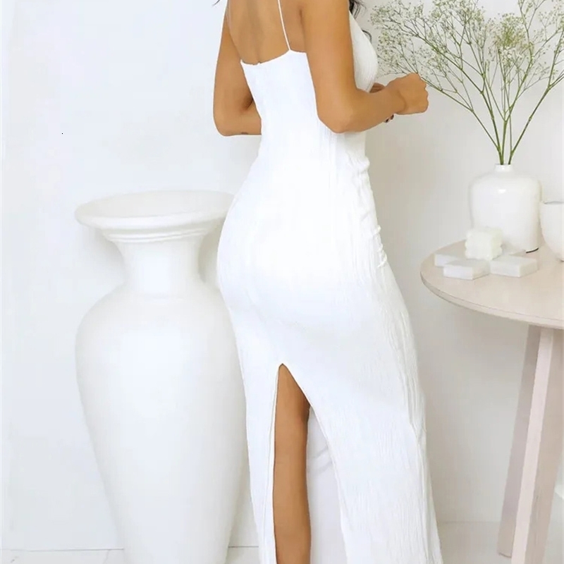 Sexy Women Long Dress Ruched Sleeveless Slim Solid Summer Party Back Split Clubwear Female Outfits 250311