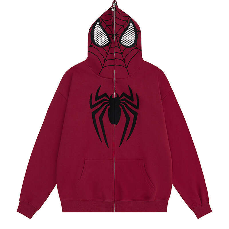 YPRS Y2k Gothic Dark Spider Embroidery Hooded Cardigan Sweatshirt With Full Zipper Loose Fit Men's Jacket