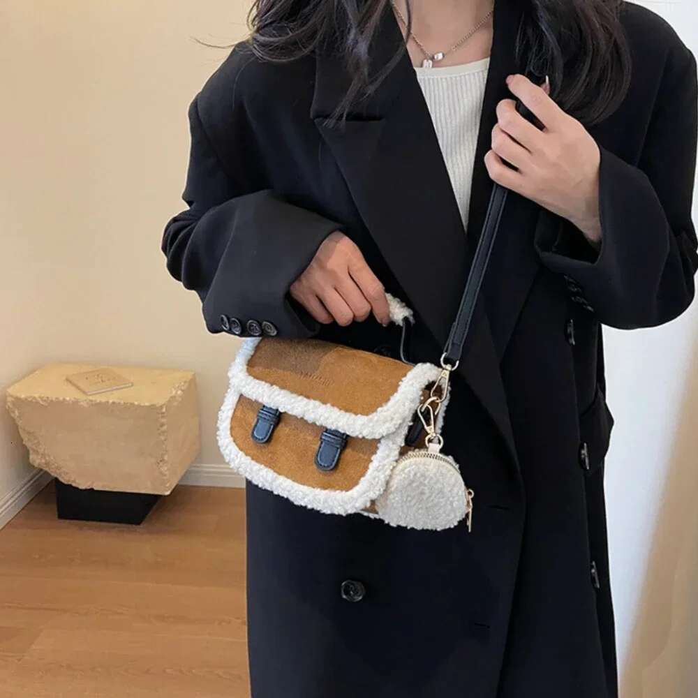2024 Winter New Women's Plush Small Square Color Contrast Design Single Shoulder Crossbody Bag Brown Handbag Bolsas De Mujer