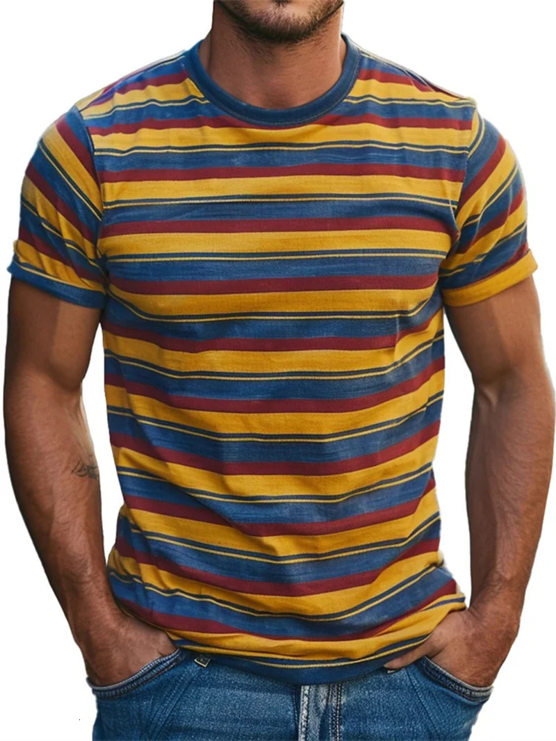 Mens Retro Stripe 3D Printed T Shirt Summer Casual Short Sleeve Fashion Crew Neck Tshirt Loose Quick Dry Breathable Sports Tees 250312