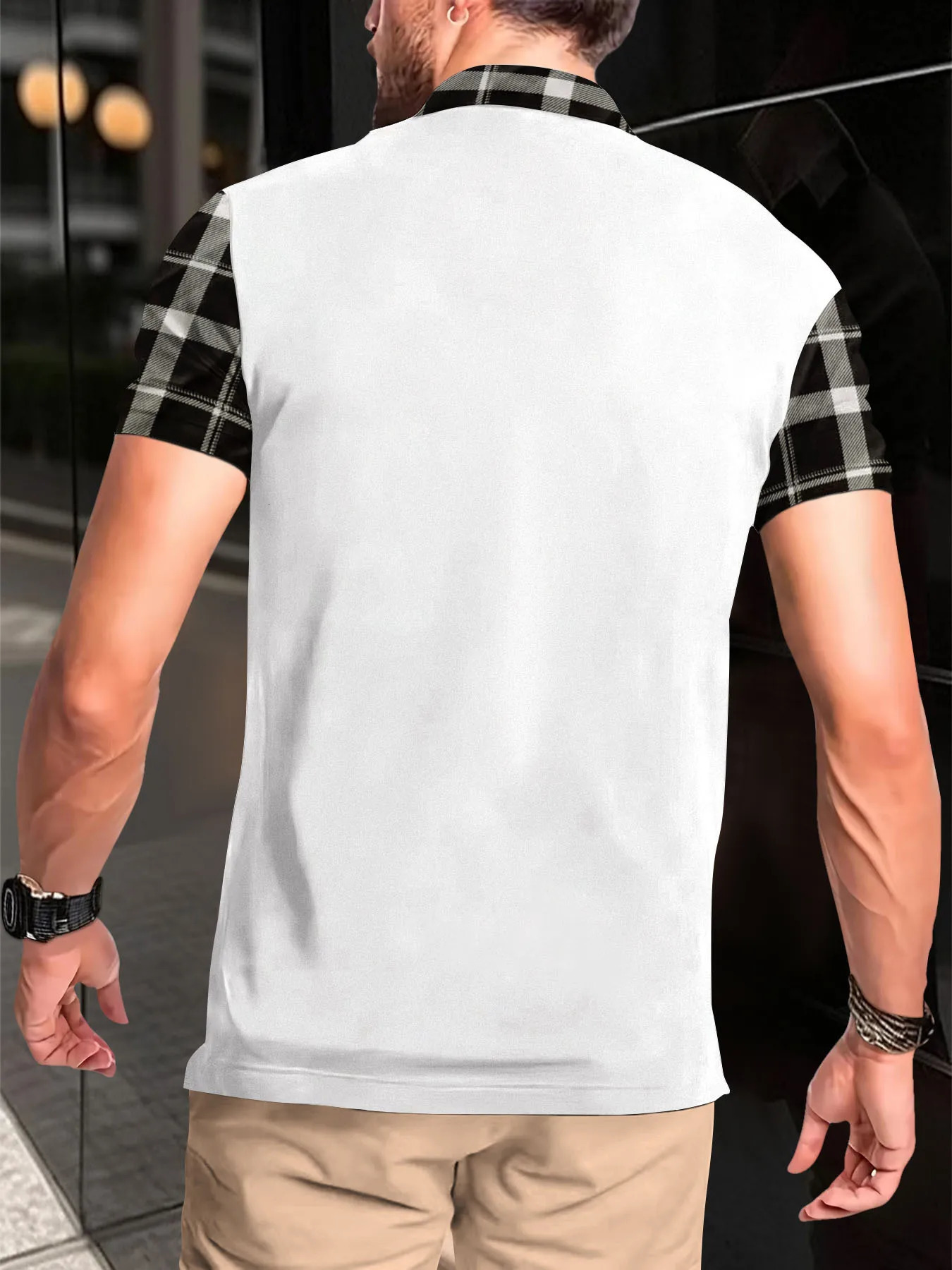 Mens short sleeved polo shirt mens sports casual loose and fashionable striped white top 250312