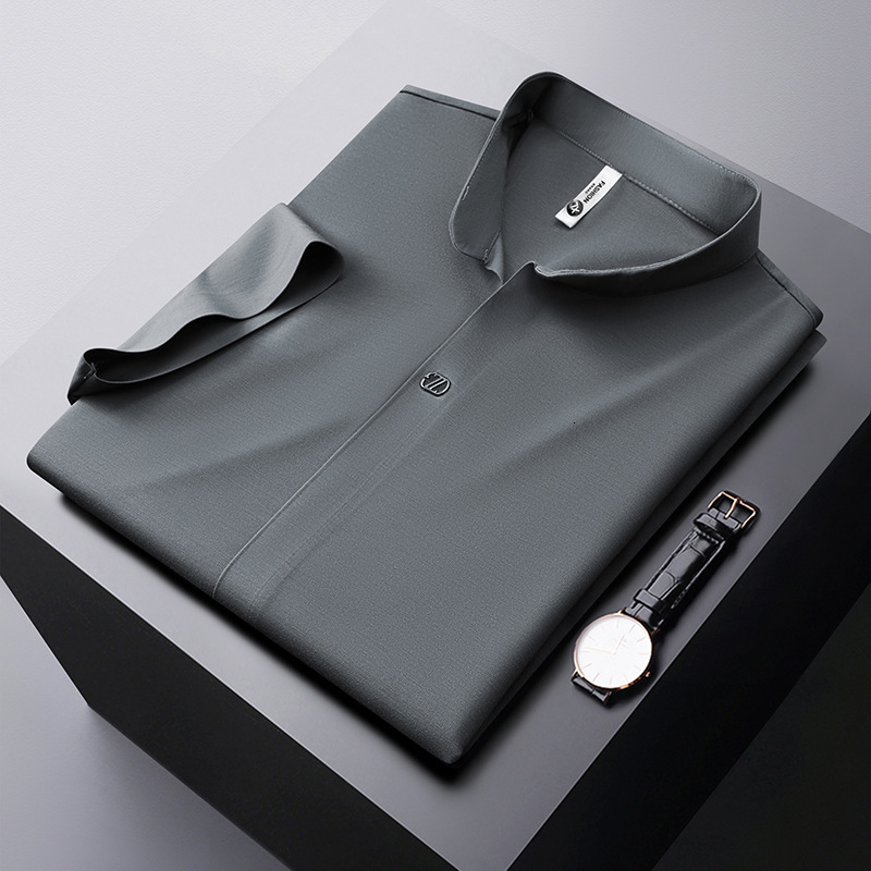 New Chinese style standing neck high elastic V-neck polo shirt for men's seamless drape thin short sleeved white t-shirt light luxury summer trac