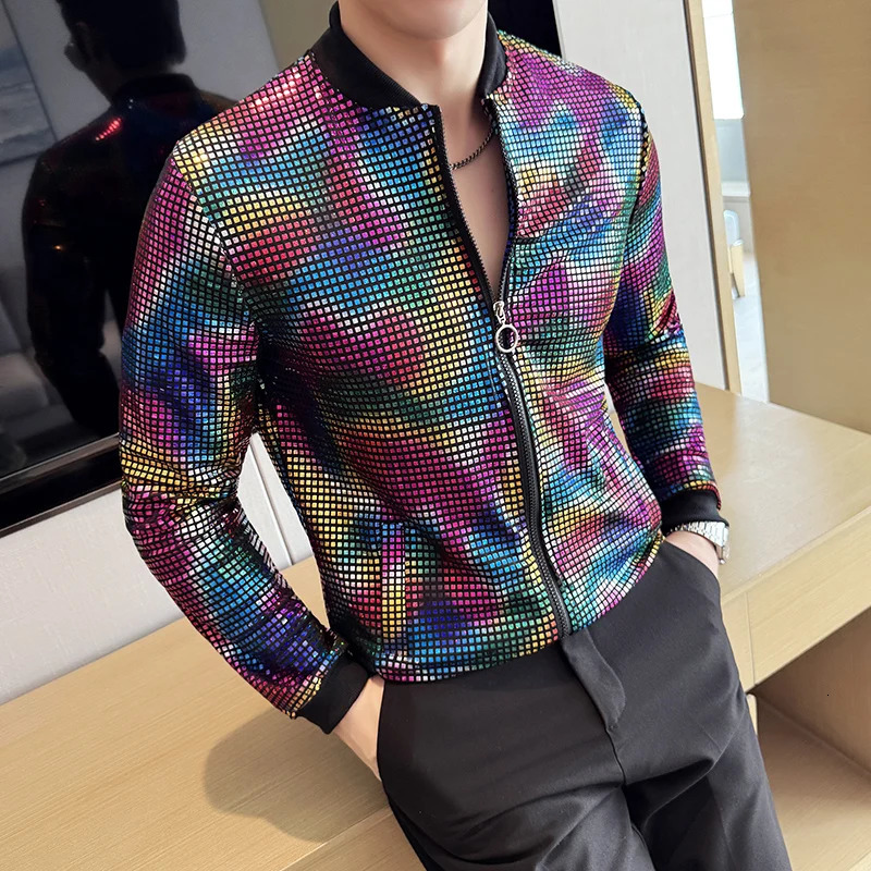 Y2K Mens Jacket ner Clothes Fashion Cool Sequined Jackets Men Streetwear Night Club Stage Thin Bomber Techwear Homme 250312