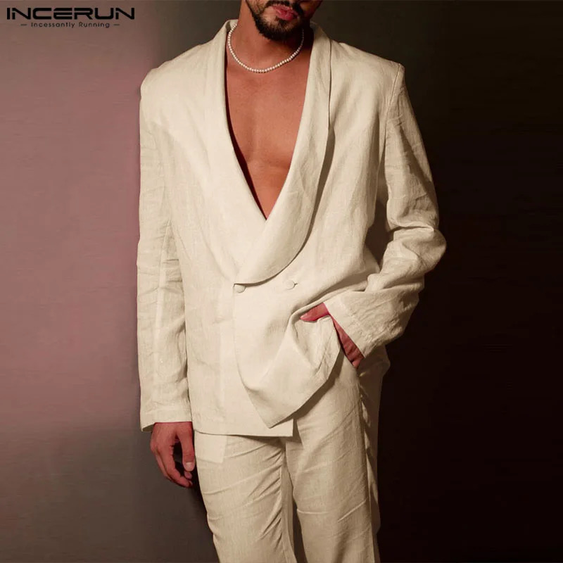 INCERUN Men Solid Color Pant Sets Csual 2PCS outfits Long Sleeve Tops Elastic Waist Pocket Pant Suits Sexy Elegant Loose Suits 250310