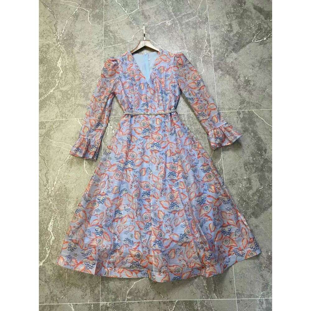 Australian Light Luxury 2024 Autumn/Winter Trumpet Sleeves Elegant Printed V-Neck A-Line Waist Mid Length Dress