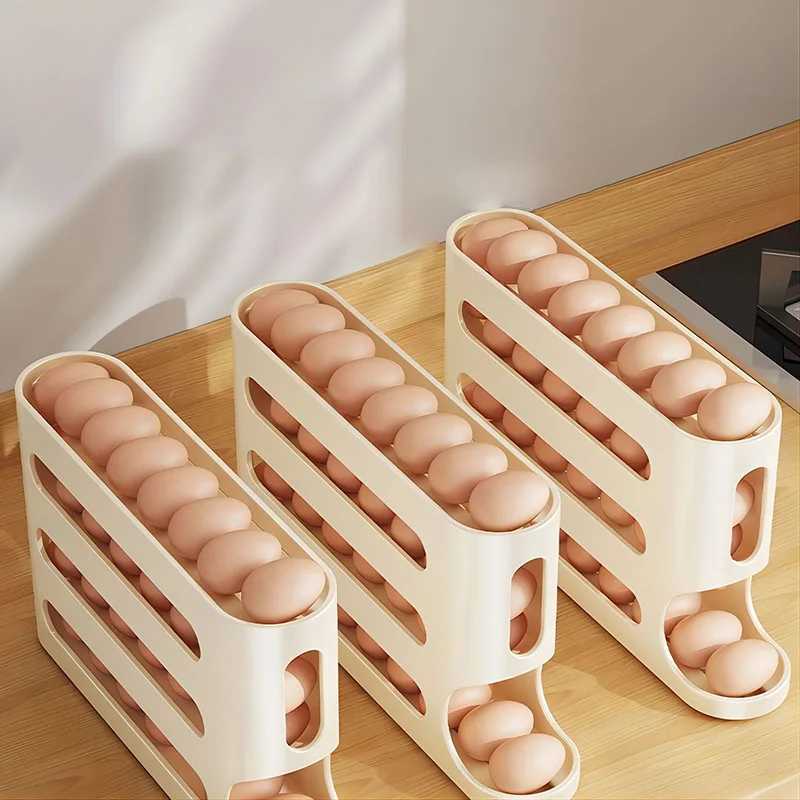 4 Layers Automatic Rolling Holder Rack Fridge Eggs Storage Box Container Kitchen Refrigerator Egg Dispenser Fridge Egg Organizer M250312