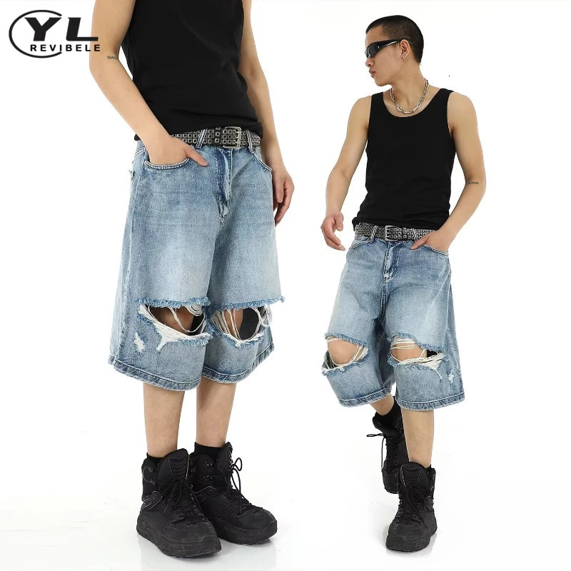 American hole jeans shorts mens summer fashion hiphop Harajuku washed denim street wide leg casual five point pants 250312