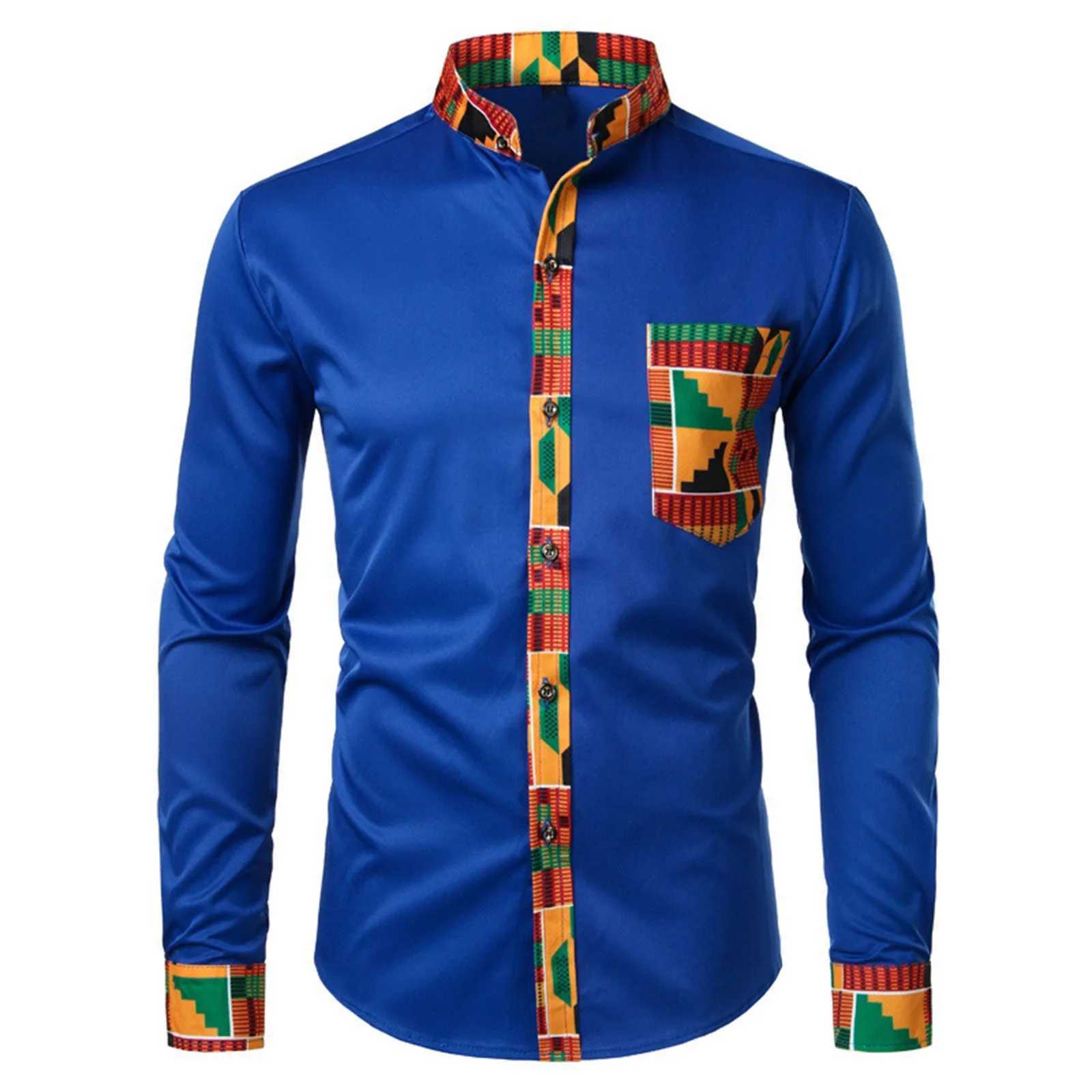 Mens shirt mens African long sleeved printed patch work design button top seaside vacation casual plus size W250312