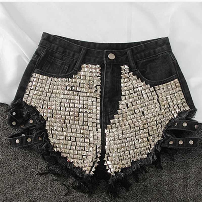Punk Rivet Denim Shorts 2022 Summer Spring Womens High Waist Loose Tassel Denim Shorts Black/Blue/White Perforated Shorts KZ388 X250312