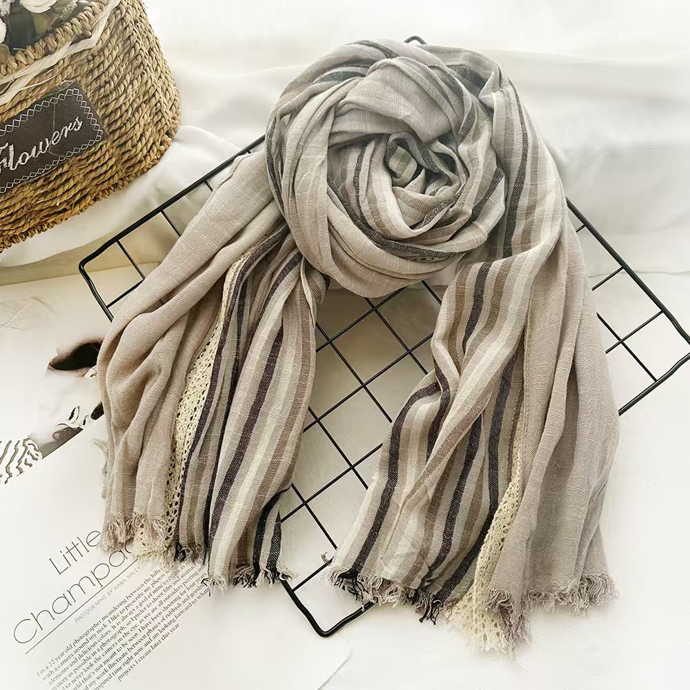 T270 cotton and linen scarf for women in spring, high-end 2025 new vertical stripes, versatile lace stitching shawl scarf