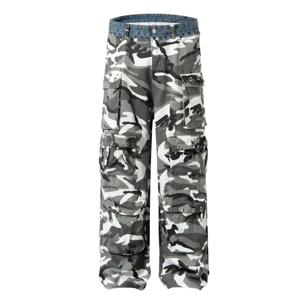 Cargo Black And White Camouflage Denim Spliced Waist Multi Pocket Shell Work Pants Y2k