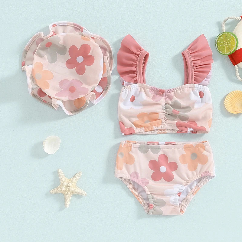 0-4Y Toddler Girls Swimsuits Floral Print Fly Sleeve Bathing Suits with Cap Kids Swimwear Baby Bikini Sets Kids Beachwear 250311