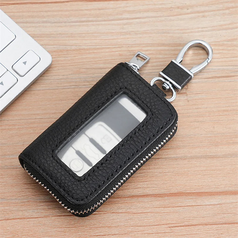 Car key bag Lychee pattern top layer denim key bag PU leather keychain large capacity neutral key bag 250311