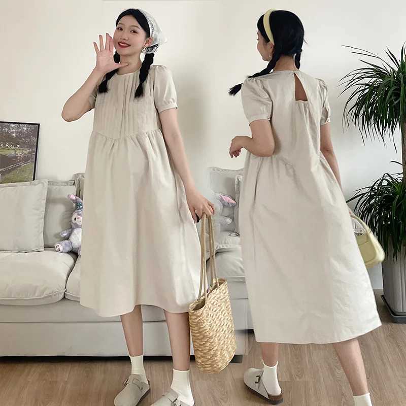 Korean Style Maternity Fashion Dress Plus Size Short Sleeve O-neck Pregnant Woman Brief Dress Solid Color Pregnancy A-line DressT250311
