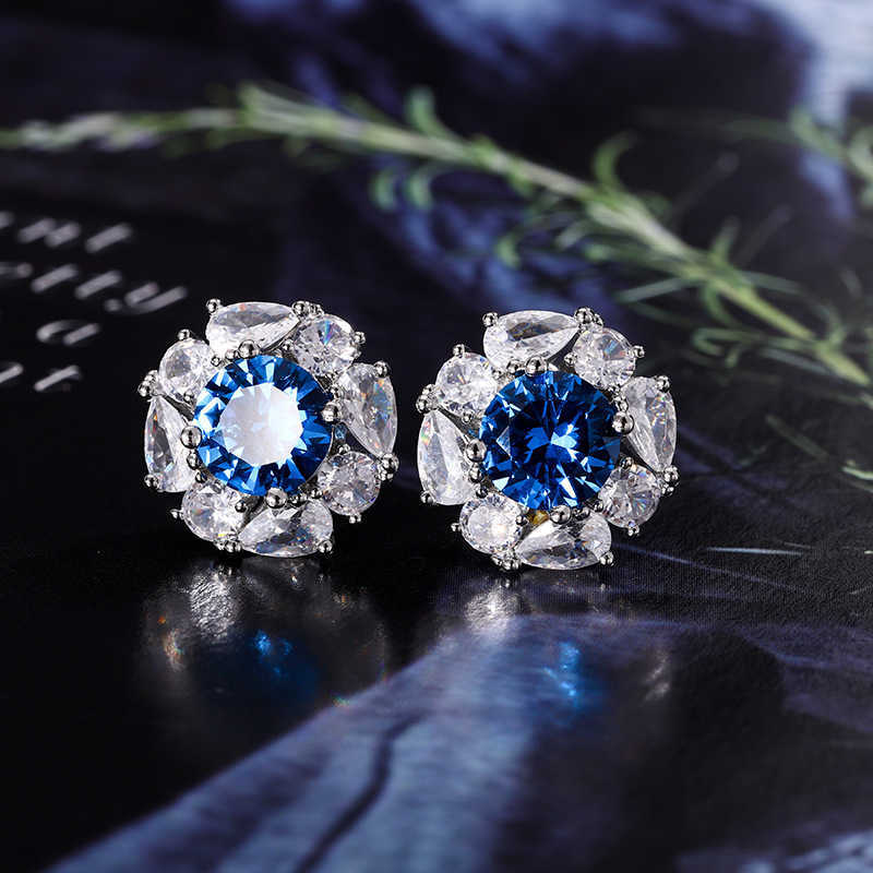 2024 New Zhuangsheng Copper Bottom Gold Plated Simulated Blue Sharp Crystal Round Temperament Light Luxury Set for Women 12-7mm W250312