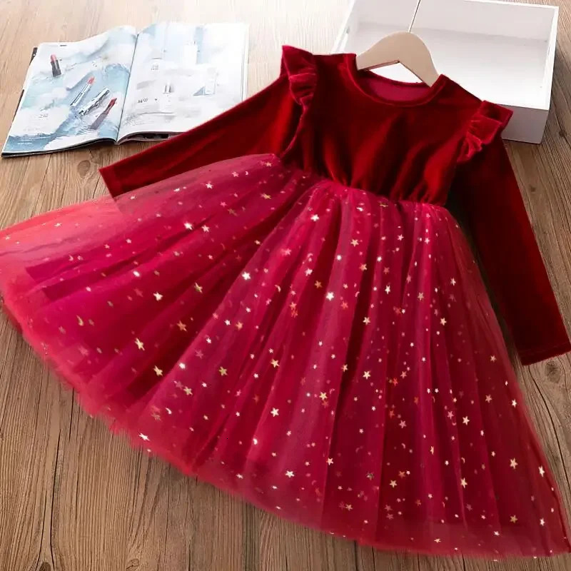 Red Christmas Dress for Baby Girls Winter Long Sleeve Mesh Dresses for 3-8Yrs Kid Star Sequin Birthday Party Princess Dress 250311
