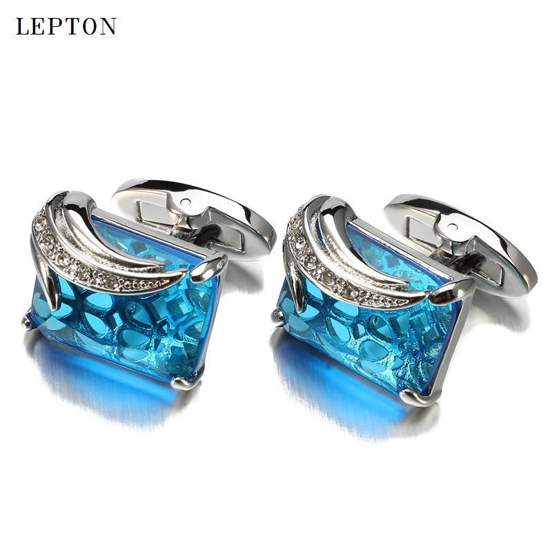 Low-key Blue Glass Cufflinks for Mens Lepton High Quality Square Crystal Cufflinks Shirt Cuff Links Relojes Gemelos 250312