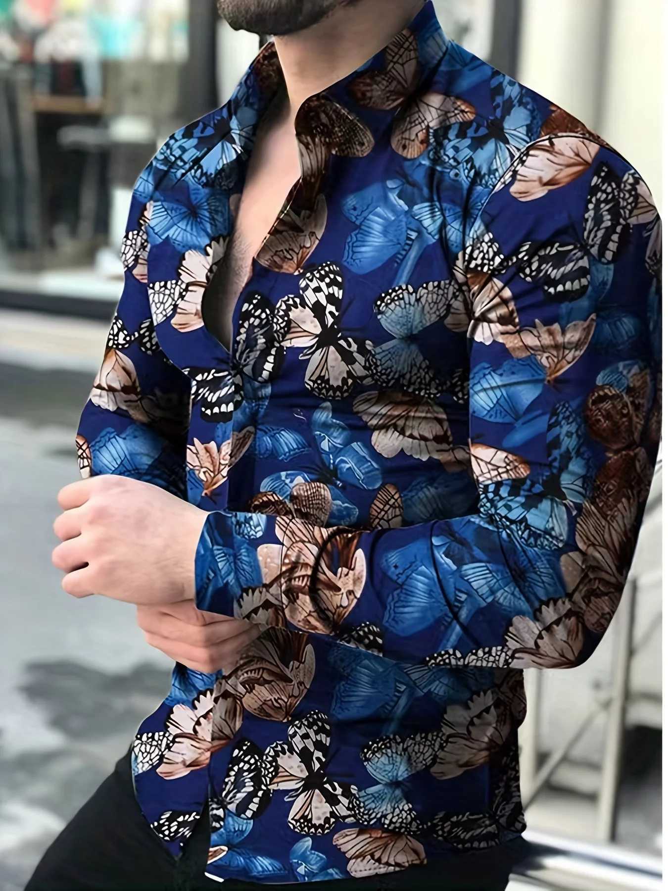 Mens Fashion 3D Rose Pattern Printed Shirt Oversized Spring/Summer Mens Retro Paisley Pattern Long Sleeve Shirt Clothing W250312