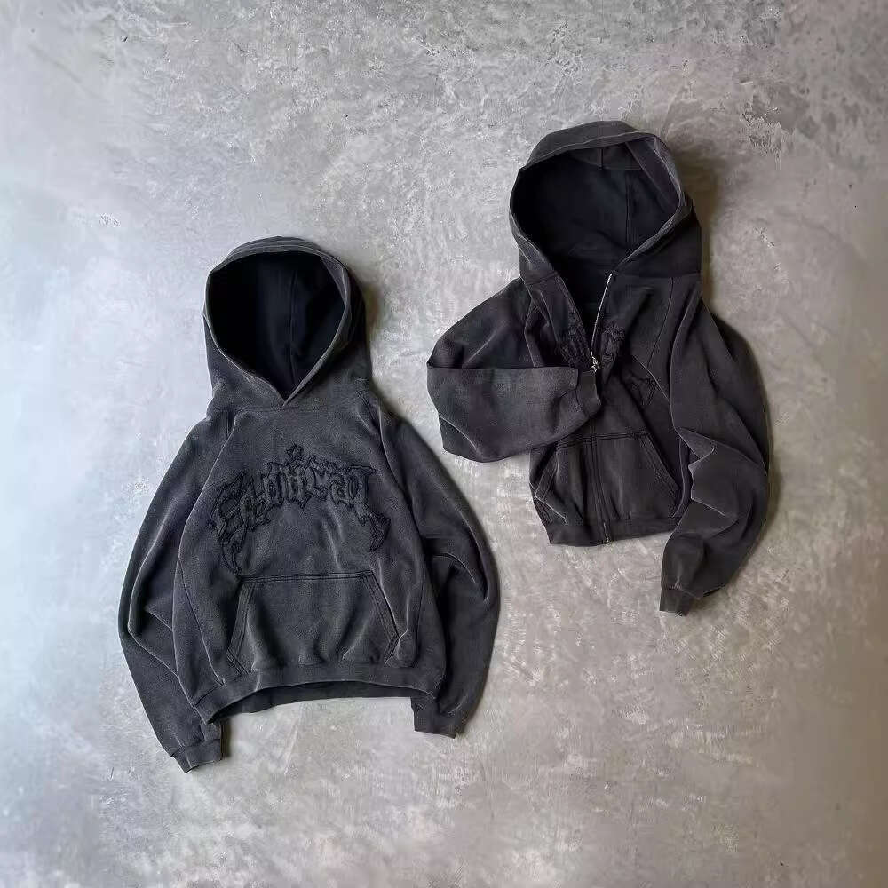 American Y2K embroidered hoodie with personalized zipper trend, high street Harajuku loose fitting unisex sweatshirt