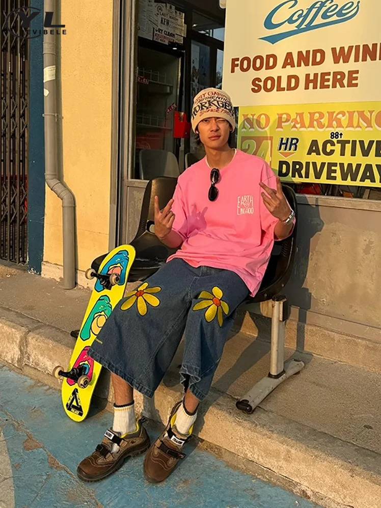 Floral pattern jeans shorts mens summer blue casual bag straight five point pants Y2k fashionable retro wide leg sports 250312