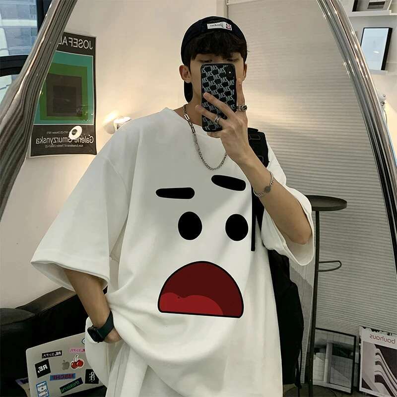 Korean Men's Cotton Oversized T-Shirts Mens T Shirt Casual Summer Wear Emote Fashion Print White Tee Shirts For Men Clothing