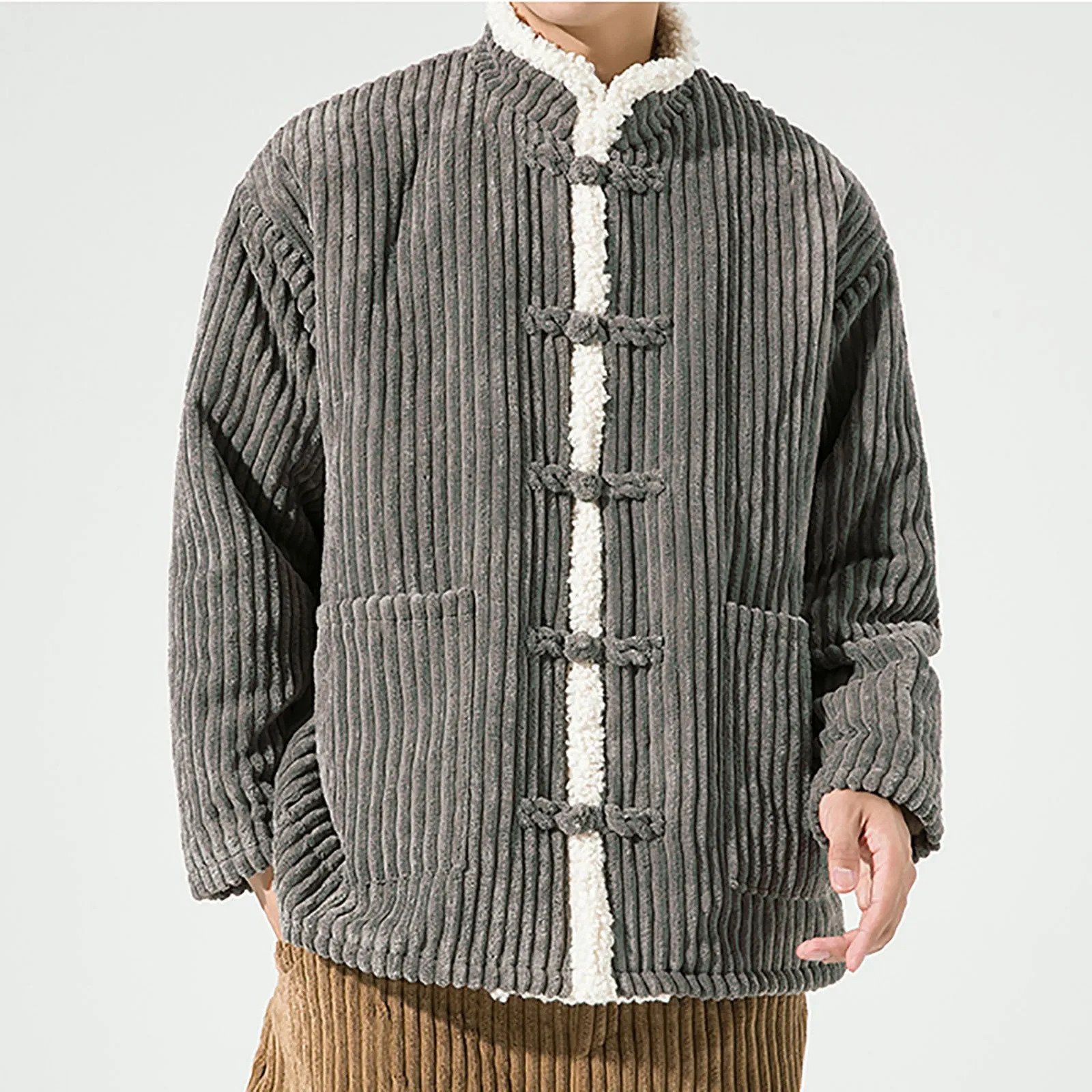 Chinese style mens warm spring festival long sleeved thick cotton jacket winter plush stand collar coral coat 250312