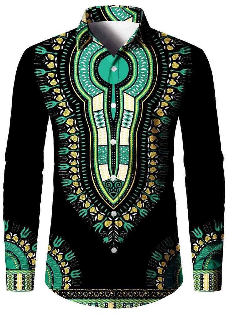 New Retro Mens Lapel Shirt Mens Exquisite Ethnic Print Slim Shirt New Fall Fashion Office Long-sleeved Blouse Elegant Shirt W250312