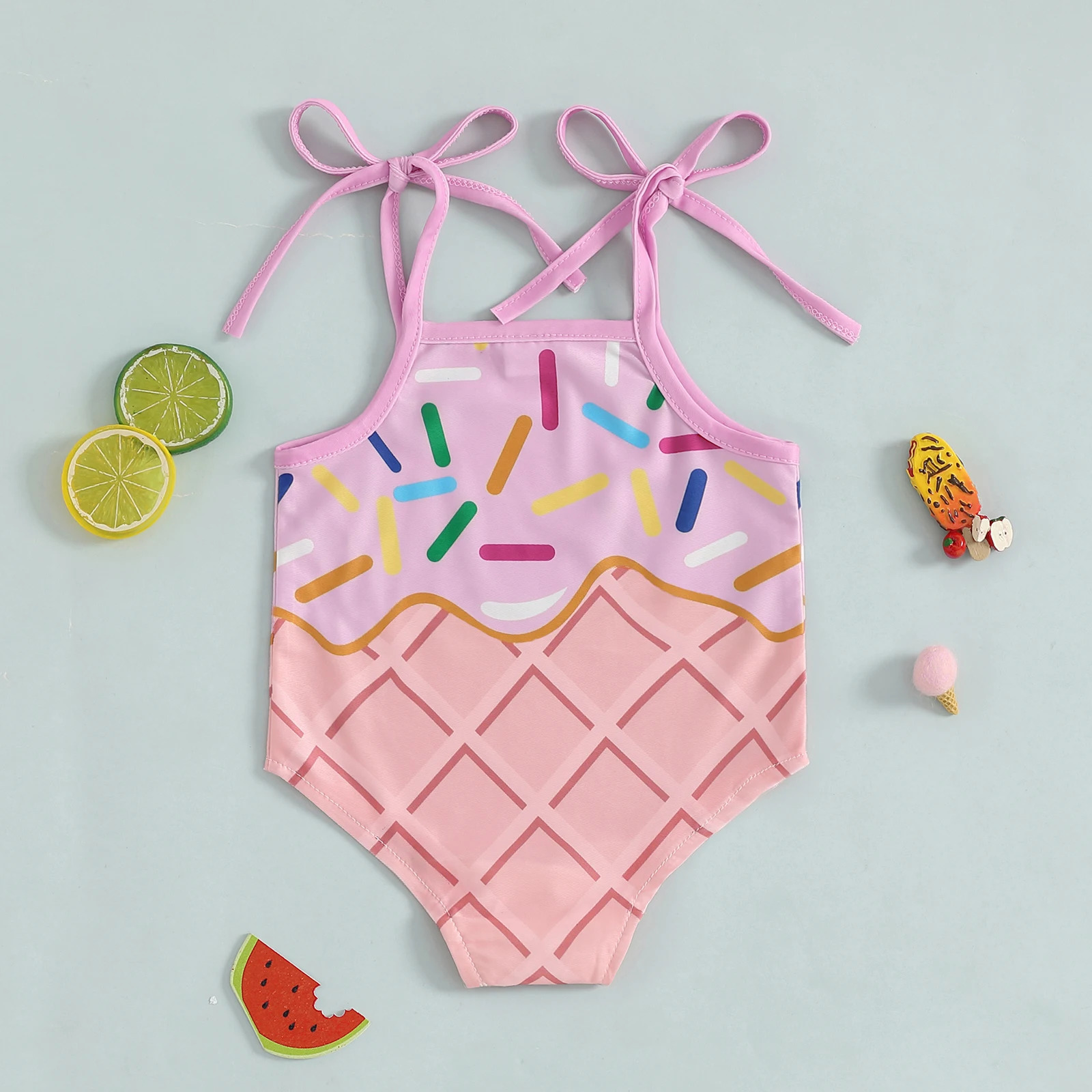 Infant Baby Girls Bikini Ice Cream Print Swimsuit Toddler Cotton Elastic Sleeveless Swimwear Children Summer Beach Swimming Suit 250311