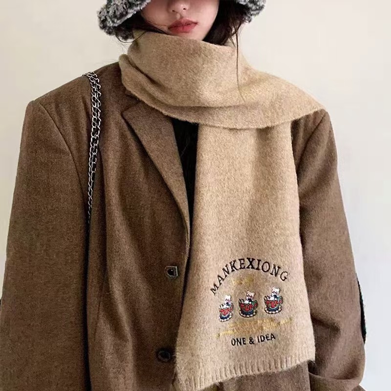 K106 Japanese style cute bear embroidery wool cartoon scarf for women autumn and winter warm student couple versatile knitted scarf