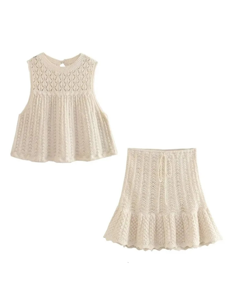 Womens Knitted Mesh Jacquard Skiing Set Hollow ONeck Sleeveless Tank Top Aline Short Sleeve Two Piece Summer Clothing 250312