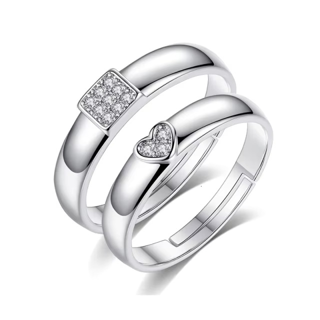 Customized Zircon Diamond Decor Heart Shape Couple Set Engagement 925 Sterling Silver Wedding Rings