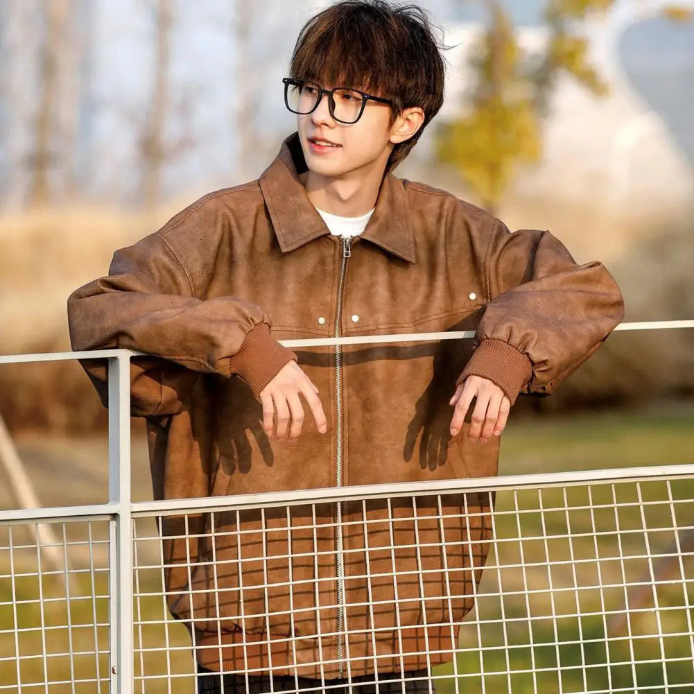 vintage mens jacket Maillard brown leather handsome American style highend zipper windproof 250312