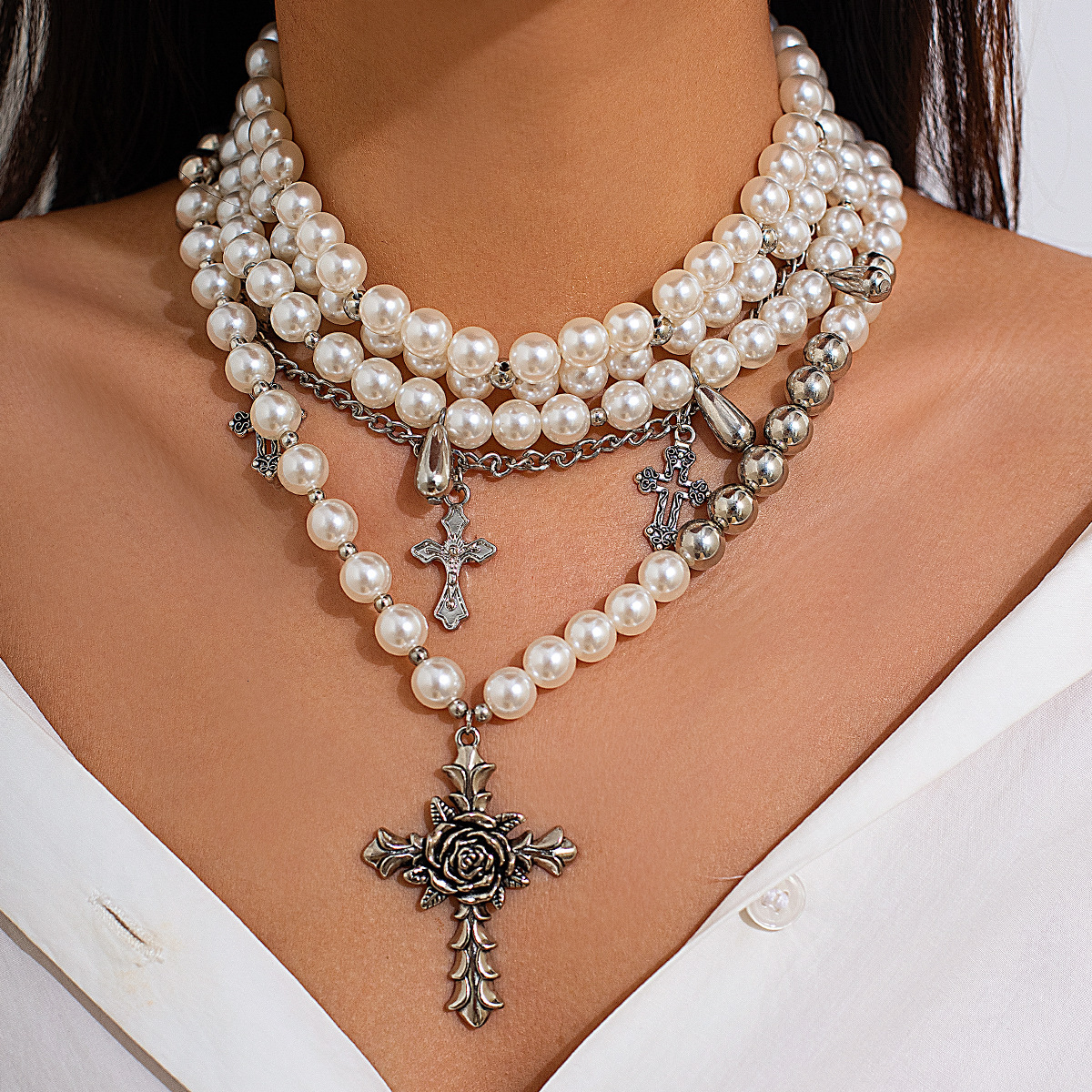 Vintage Baroque Collarbone Chain Irregular Cross Pearl Bead Necklace Jewelry for Women