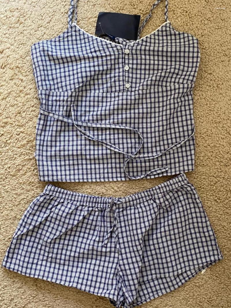 Womens Tracksuits Navy Plaid Tank Shorts 2 Piece Sets Woman Lace Trim Buttons Lace-up Camis Drawstring Sweatshorts Vintage Sweet Home