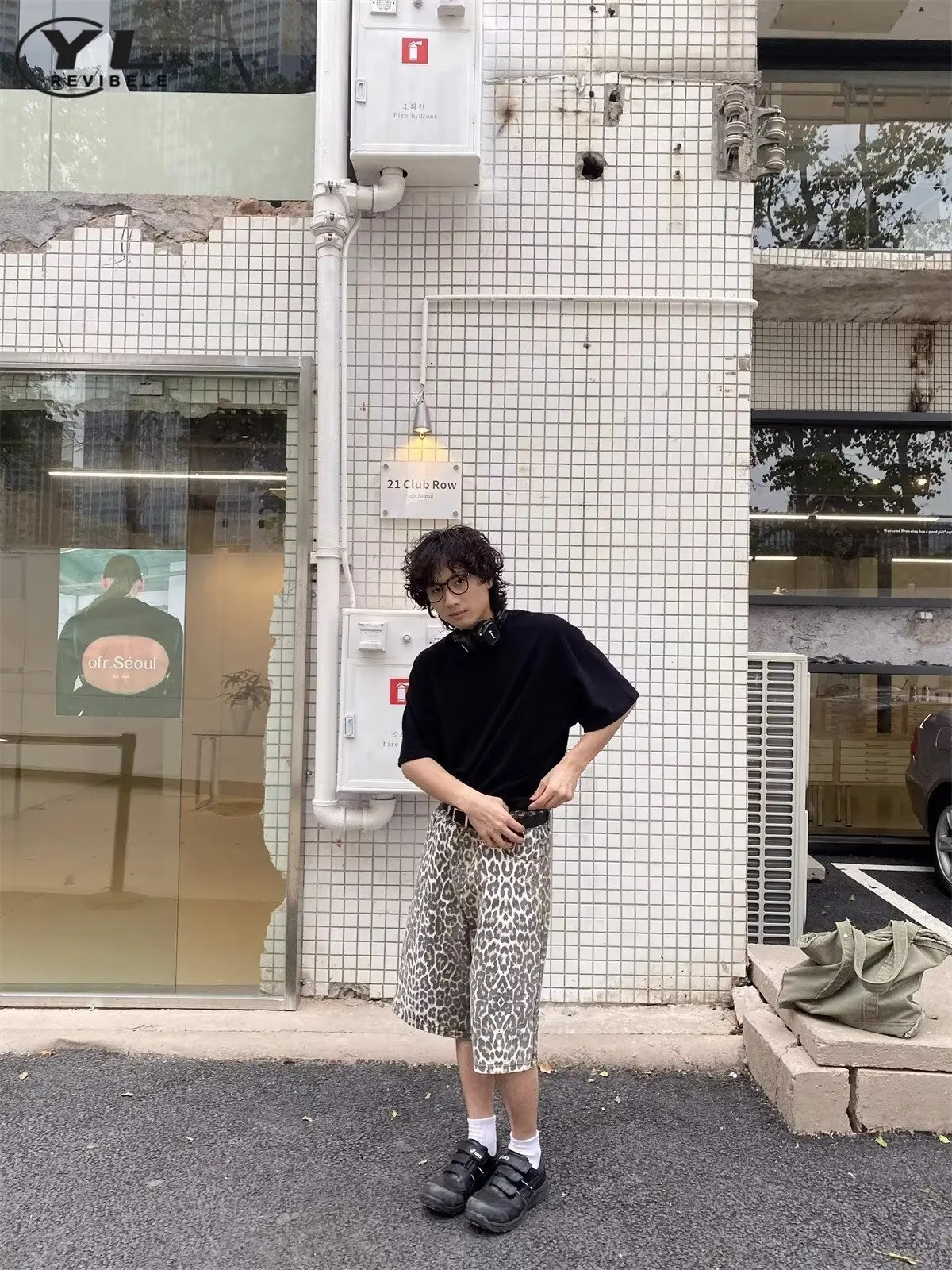 Retro leopard print wide leg jeans shorts mens hiphop bag Korean five point pants American casual straight denim 250312