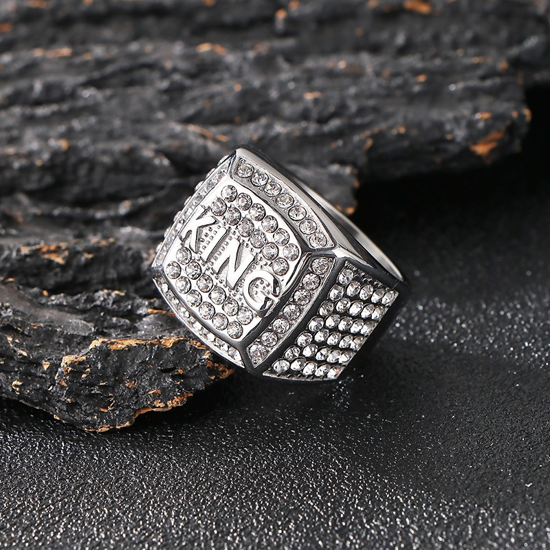Hip Hop Square Stainless Steel KING Letter Casting Ring with Zirons Jewelry