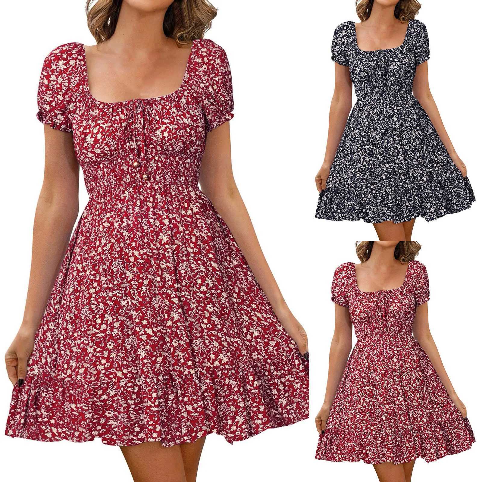 Dresses On Sale Clearance WomenS Dress Floral Print High Waist Dresses Puff Sleeves Retro Sexy Casual Tunic Woman ClothingT250311