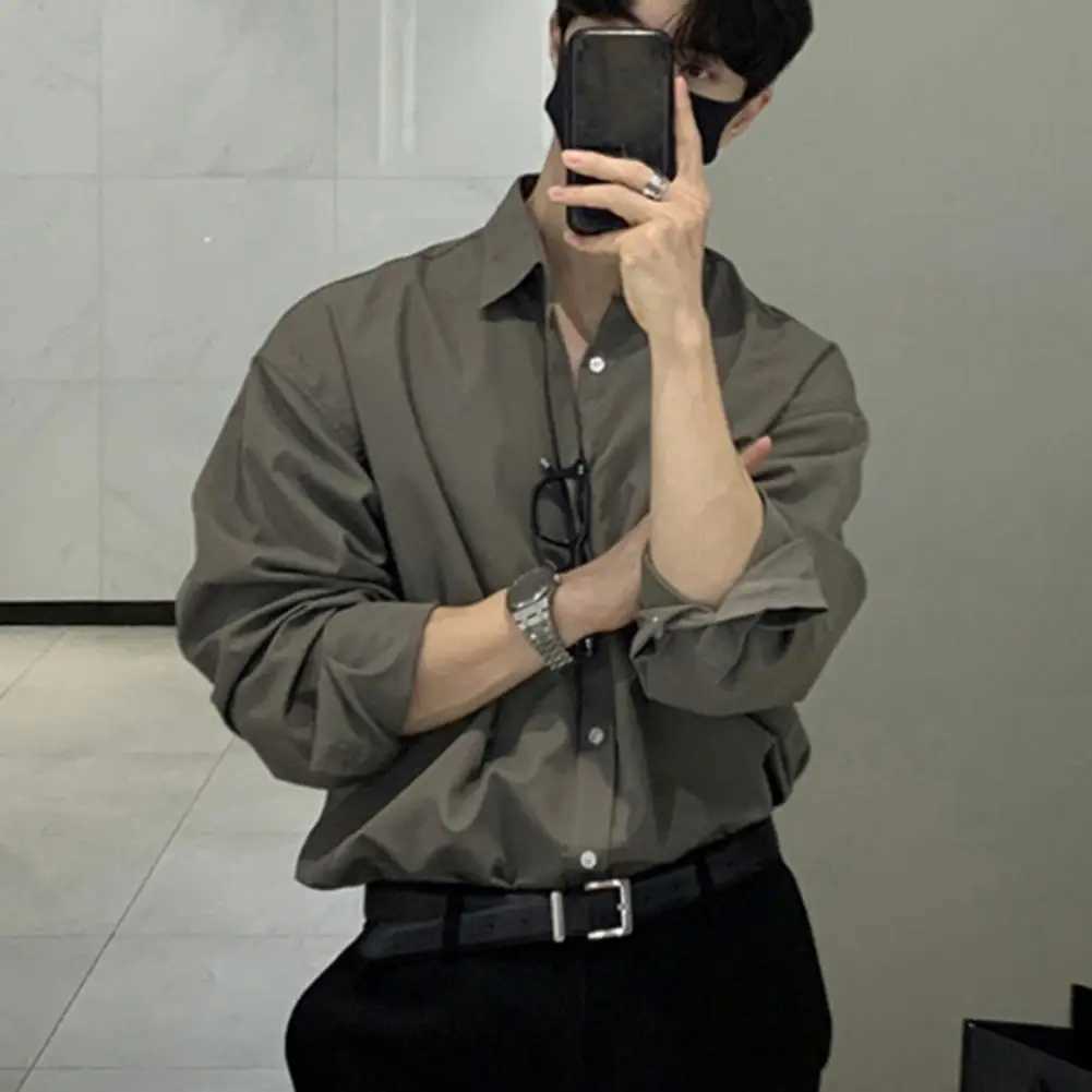 Mens shirt with loose collar single mouth long sleeved formal business solid color breathable mens mid length shirt W250312