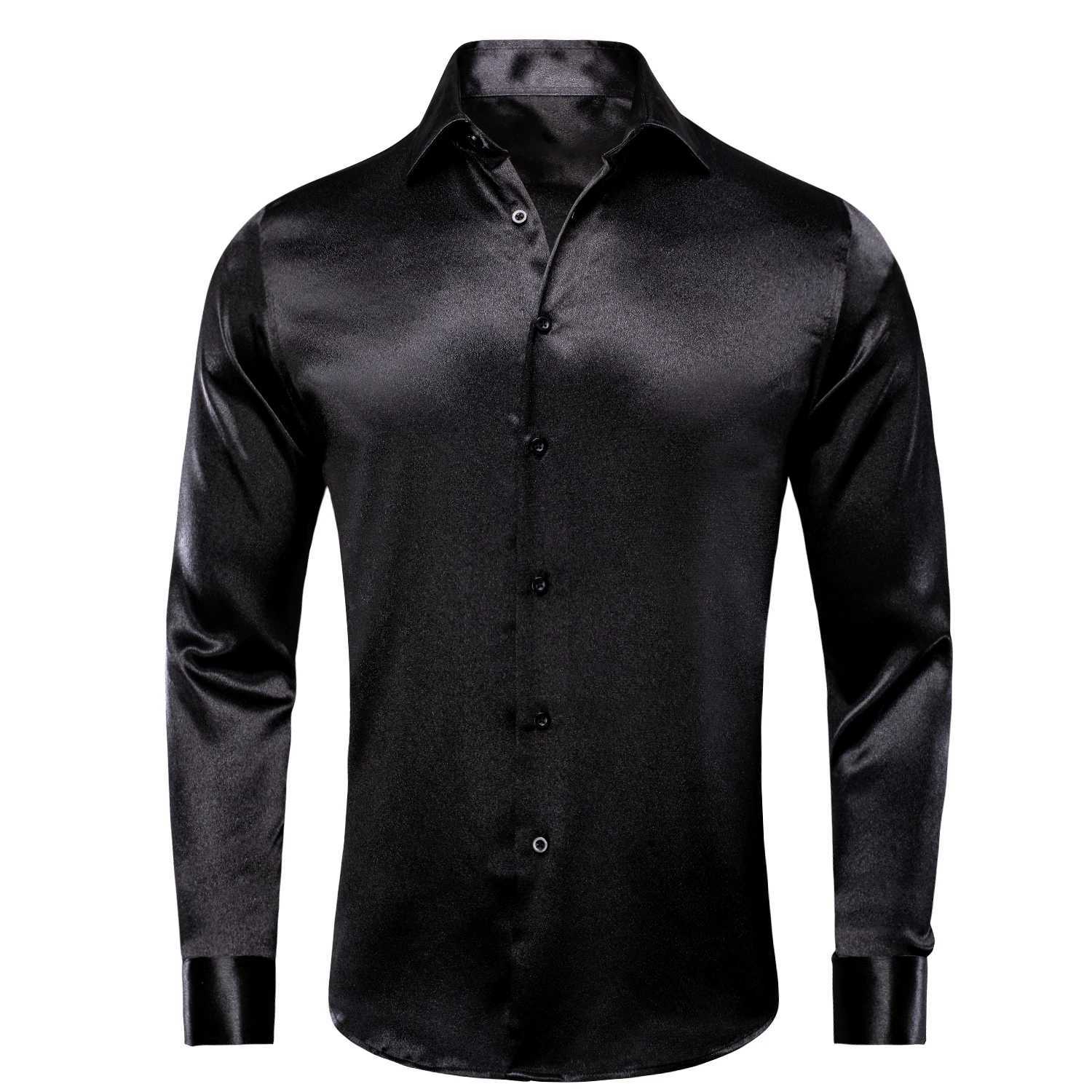 Hi Tie black solid mens long sleeved satin silk dress casual formal business shirt luxurious design mens clothing W250312