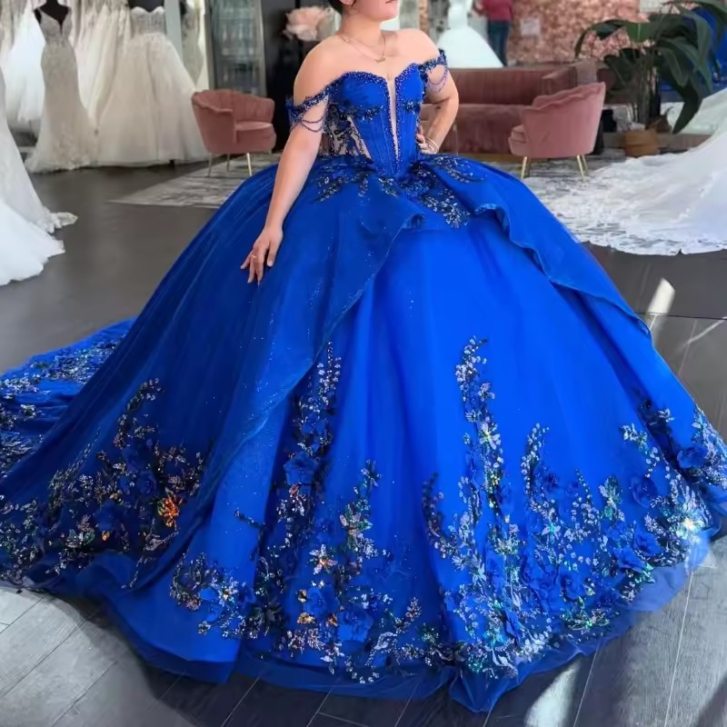 Royal Blue Shiny Quinceanera Dresses Ball Gown Off Shoulder Applique wer Beads Tull Corset Sweet 16 Dress Vestidos 15 De Anos