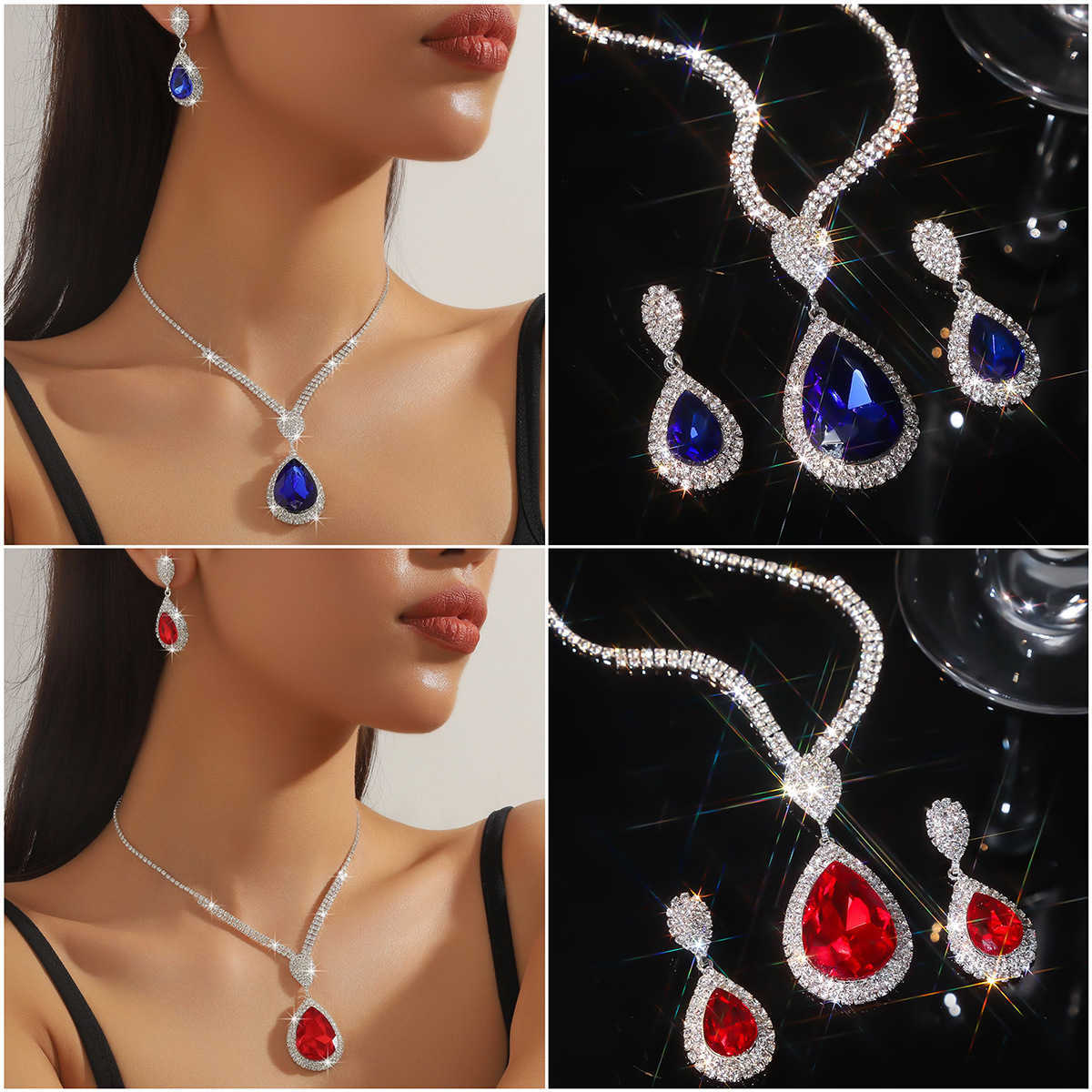 Hot selling Dazzling Color Blue Green Red Water Drop Crystal Necklace Earring Set Jewelry Two Piece Set W250312