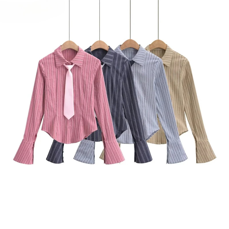 KEYANKETIAN New Launch Women's Necktie Decoration Striped Shirt Preppy Style Single Breasted Flare Sleeve Slim Blouse Crop Top