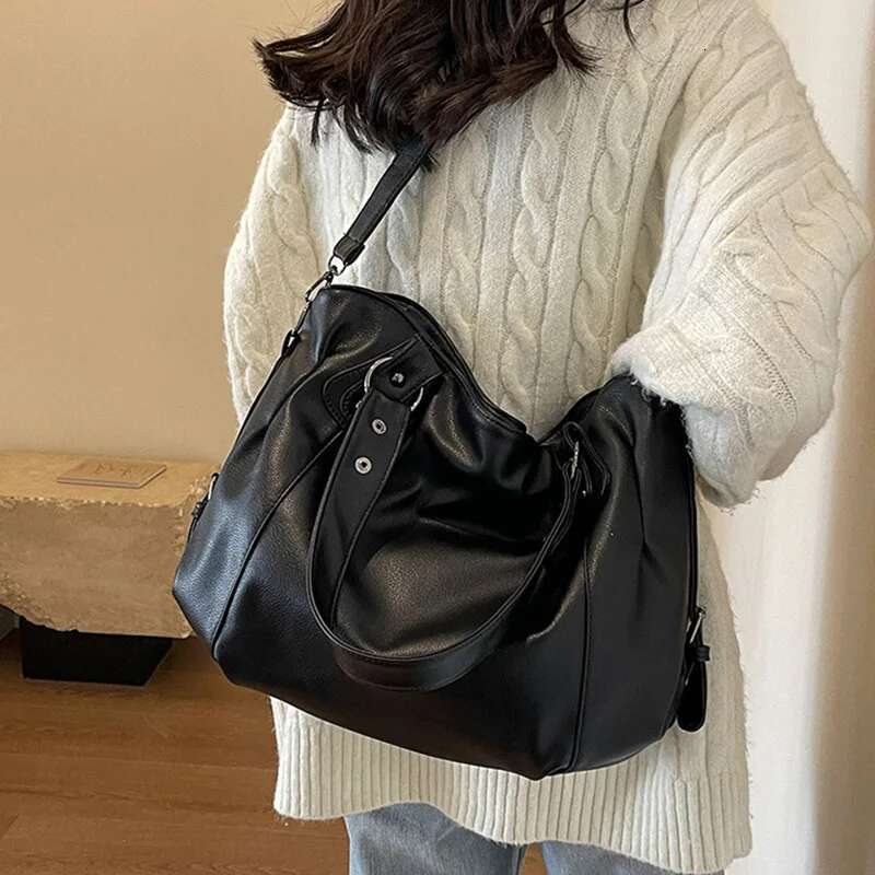 Retro Roomy Shoulder Female Black Classic Crossbody Crocodile Pattern Large Capacity Style Soft Leather Tote Bag