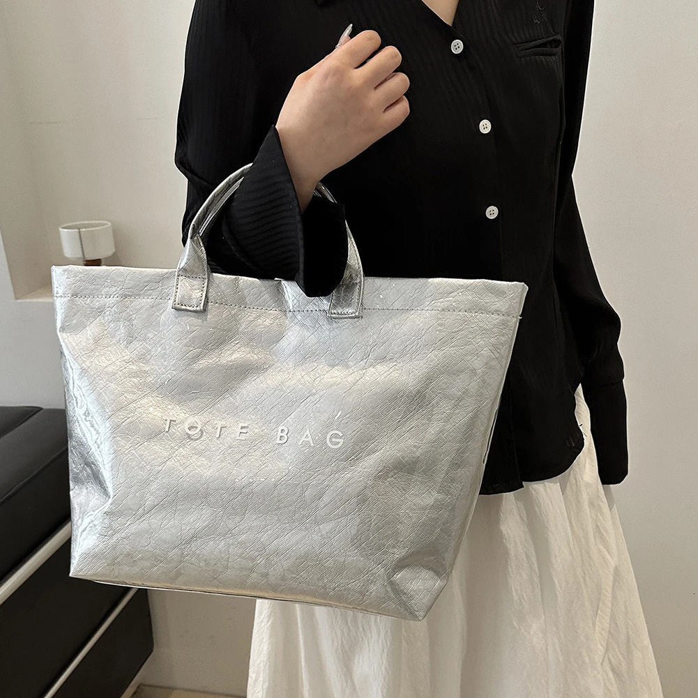 PVC Top Handle Bag for Women Fashionable Tote Bag Large Capacity Simple Trendy Shopping Bag Kraft Paper Handbag Satchel Purse 250305