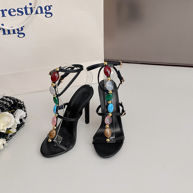 2025 Designer sandals Summer European and American classics New 11CM Fine High Heels Pearl Dew Toe One Button Sandals with Female Sexy Temperament